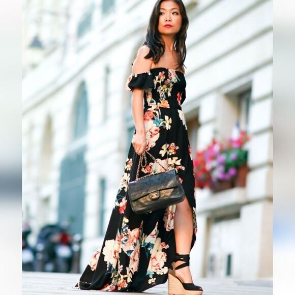 Band of Gypsies‎ High Low Off Shoulder Long Dress Black Floral Size XS - Picture 1 of 9